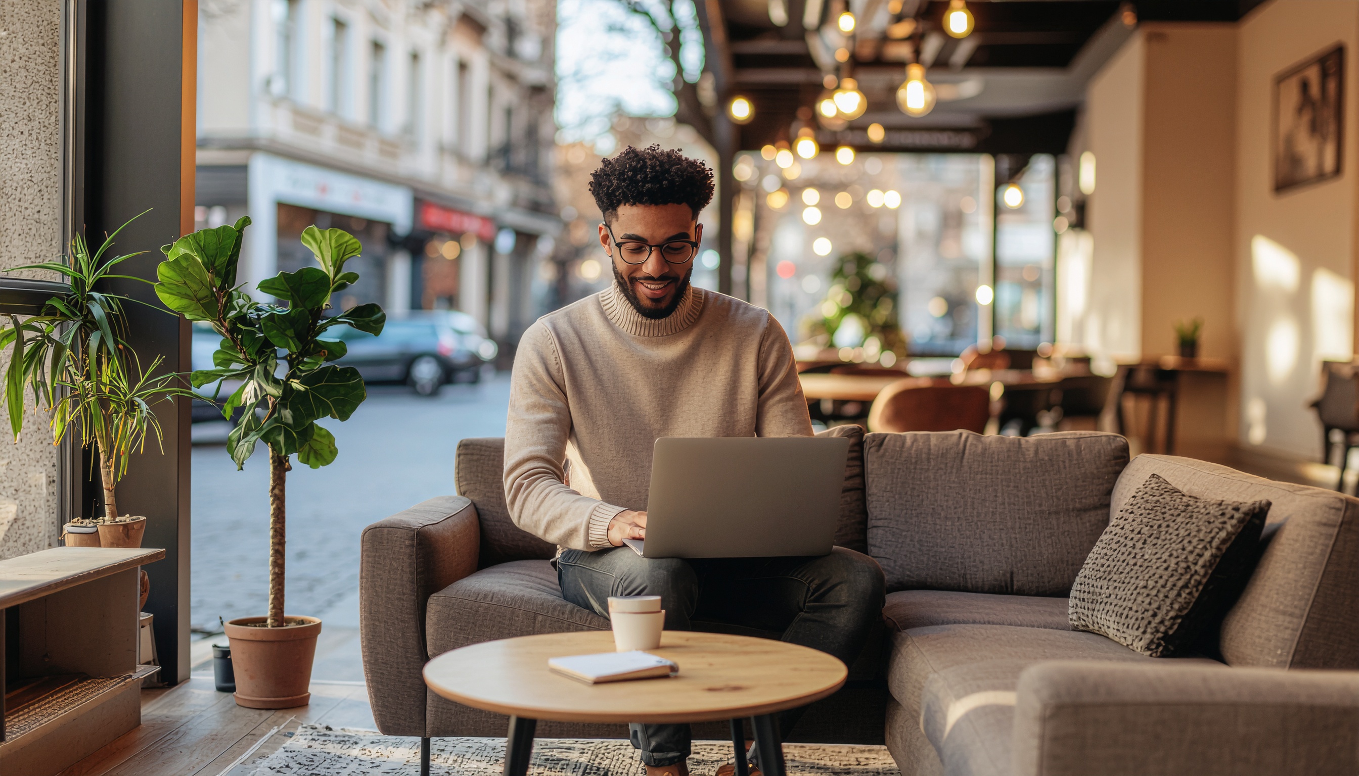 Smiling Man Sitting on Gray Sofa with Laptop in Modern Café